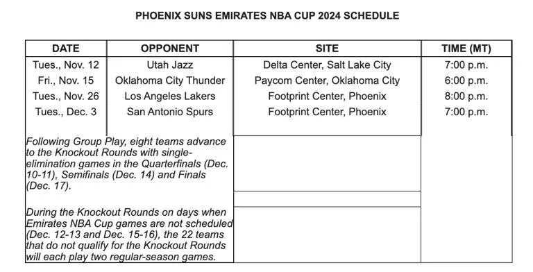 PHOENIX SUNS ANNOUNCE SCHEDULE FOR EMIRATES NBA CUP GROUP PLAY GAMES