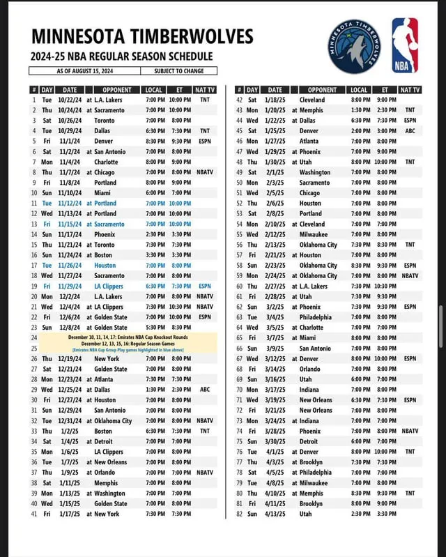 Timberwolves Announce 2024-25 Regular Season Schedule